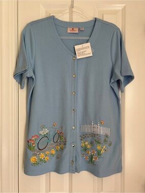Quacker Factory Light Blue Button-Front Top with Floral & Bicycle Embroidery